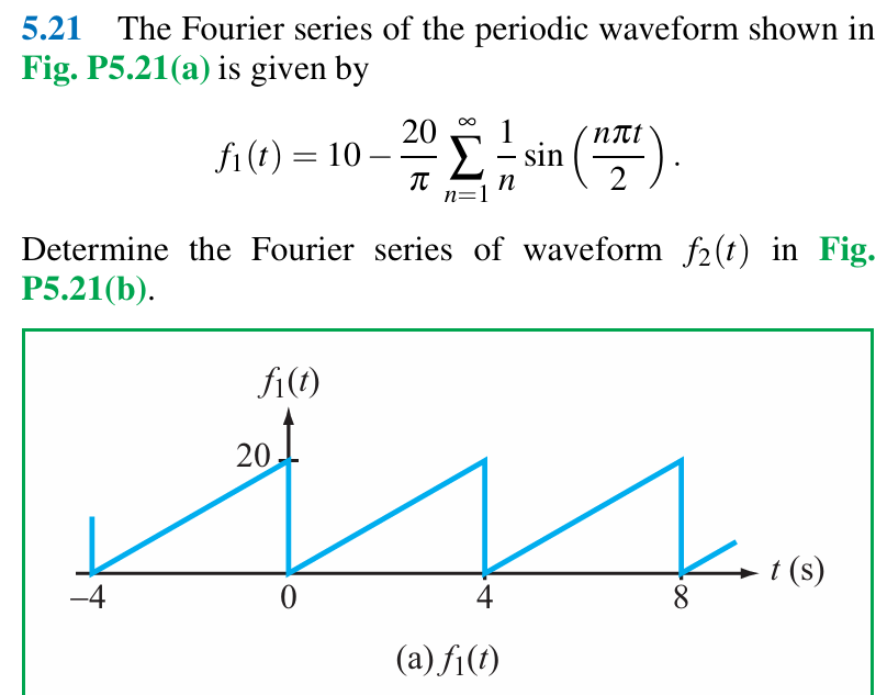 5.21 The Fourier series of the periodic waveform shown in Fig. P5.21(a) is given by f1(t) = 10 − 20 π∑n = 1 ∞ 1 n sin⁡(nπt 2). Determine the Fourier series of waveform f2(t) in Fig. P5.21(b). (a) f1(t) (b) f2(t) Figure P5.21: Waveforms of Problem 5.21.