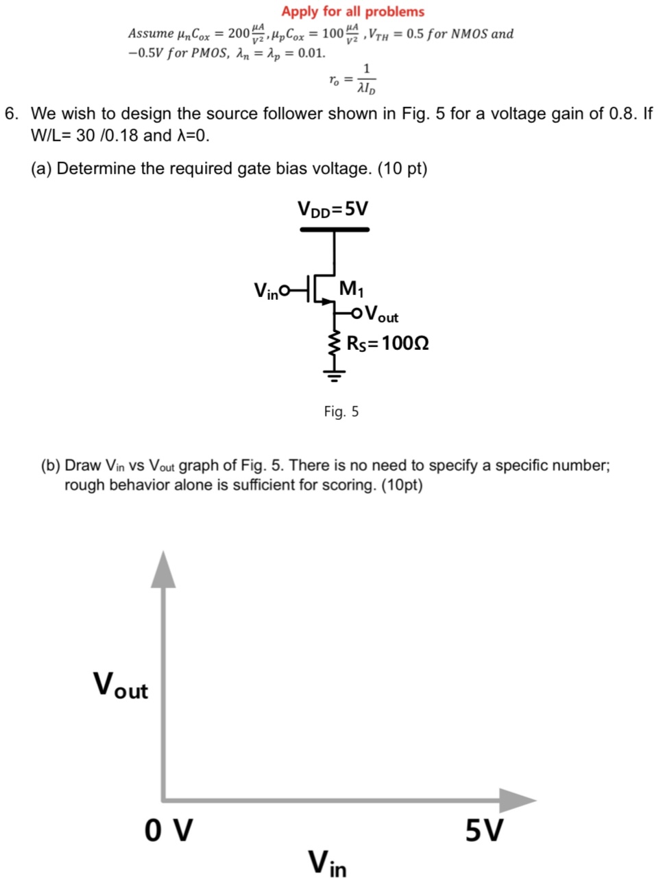 We wish to design the source follower shown in Fig. 5 for a voltage gain of 0.8 . If W/L = 30/0.18 and λ = 0. (a) Determine the required gate bias voltage. (10 pt) Fig. 5 (b) Draw Vin vs Vout graph of Fig. 5 . There is no need to specify a specific number; rough behavior alone is sufficient for scoring. (10 pt) Apply for all problems Assume μnCox = 200 μA V2, μpCox = 100 μA V2, VTH = 0.5 for NMOS and −0.5 V for PMOS, λn = λp = 0.01. ro = 1 λID