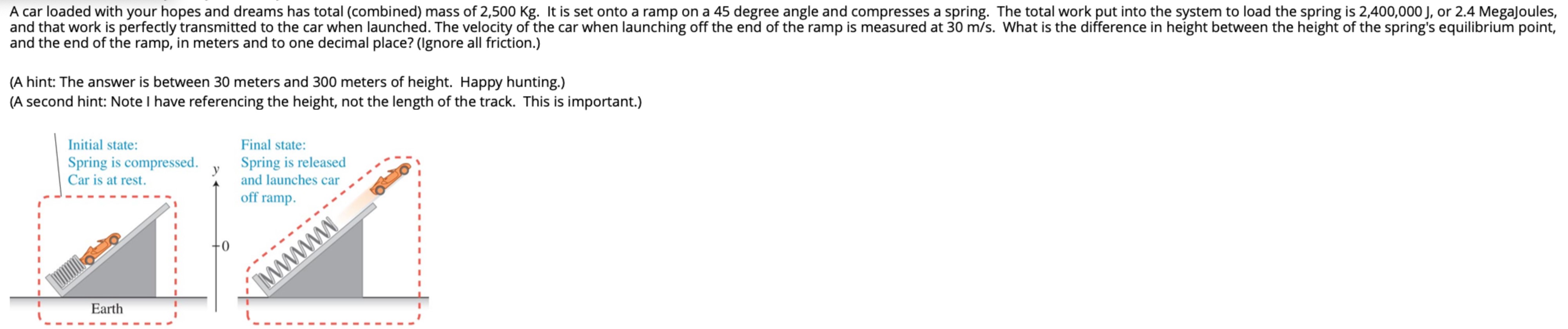 A car loaded with your hopes and dreams has total (combined) mass of 2,500 Kg. It is set onto a ramp on a 45 degree angle and compresses a spring. The total work put into the system to load the spring is 2,400,000 J, or 2.4 Megajoules, and the end of the ramp, in meters and to one decimal place? (Ignore all friction.) (A hint: The answer is between 30 meters and 300 meters of height. Happy hunting.) (A second hint: Note I have referencing the height, not the length of the track. This is important.)