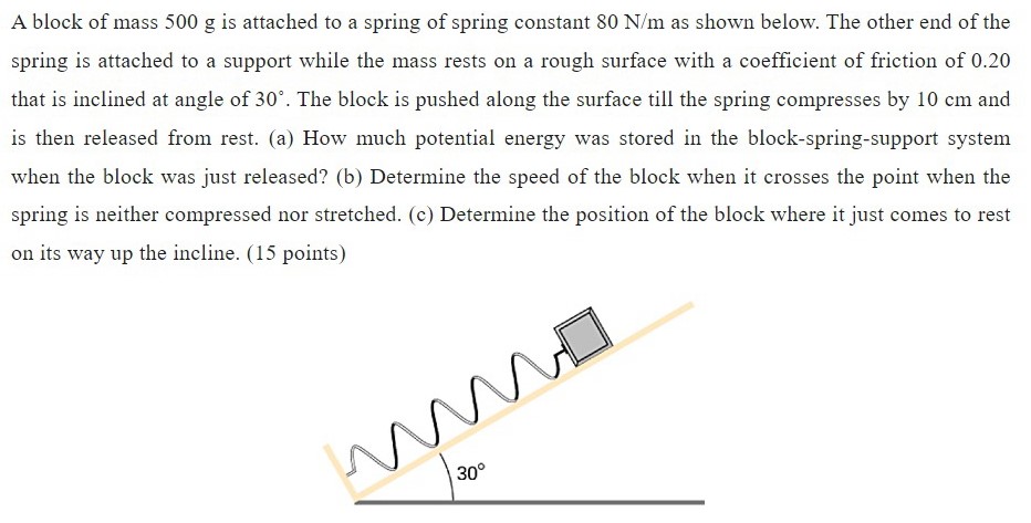 A block of mass 500 g is attached to a spring of spring constant 80 N/m as shown below. The other end of the spring is attached to a support while the mass rests on a rough surface with a coefficient of friction of 0.20 that is inclined at angle of 30∘. The block is pushed along the surface till the spring compresses by 10 cm and is then released from rest. (a) How much potential energy was stored in the block-spring-support system when the block was just released? (b) Determine the speed of the block when it crosses the point when the spring is neither compressed nor stretched. (c) Determine the position of the block where it just comes to rest on its way up the incline. (15 points)