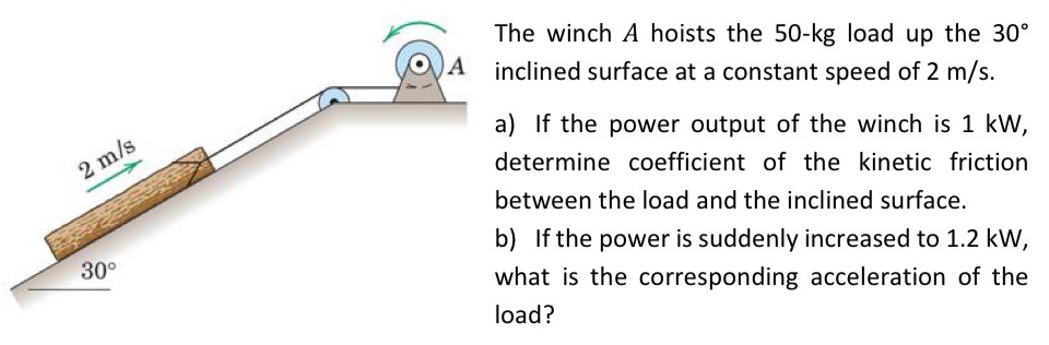 The winch A hoists the 50−kg load up the 30∘ inclined surface at a constant speed of 2 m/s. a) If the power output of the winch is 1 kW, determine coefficient of the kinetic friction between the load and the inclined surface. b) If the power is suddenly increased to 1.2 kW, what is the corresponding acceleration of the load?