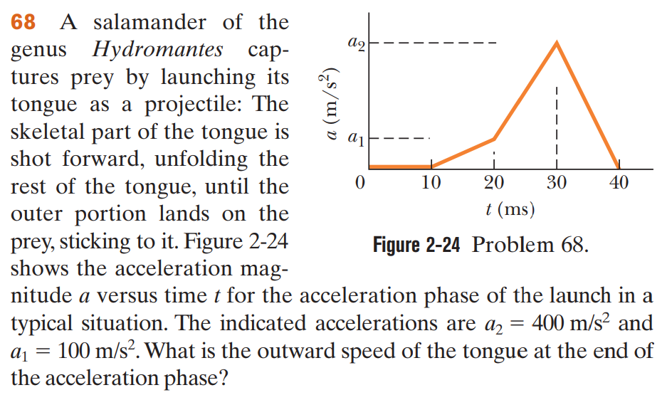 68 A salamander of the genus Hydromantes captures prey by launching its tongue as a projectile: The skeletal part of the tongue is shot forward, unfolding the rest of the tongue, until the outer portion lands on the prey, sticking to it. Figure 2-24 shows the acceleration magnitude a versus time t for the acceleration phase of the launch in a typical situation. The indicated accelerations are a2 = 400 m/s2 and a1 = 100 m/s2. What is the outward speed of the tongue at the end of the acceleration phase? Figure 2-24 Problem 68.