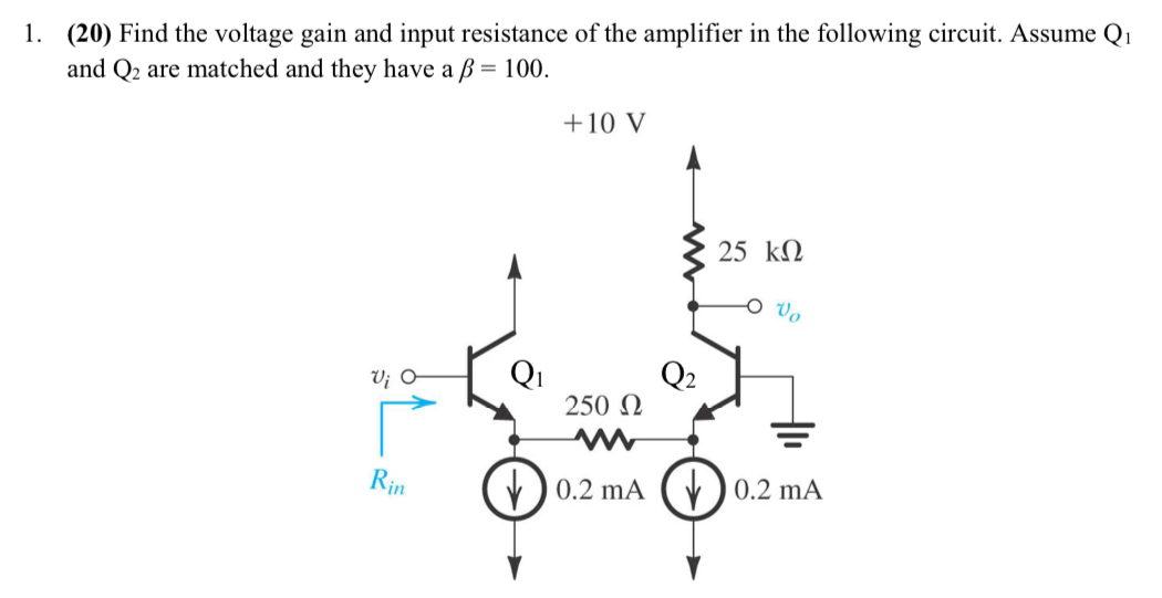 Find the voltage gain and input resistance of the amplifier in the following circuit. Assume Q1 and Q2 are matched and they have a β = 100.