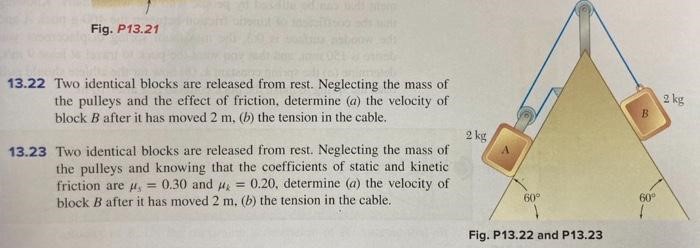 13.22 Two identical blocks are released from rest. Neglecting the mass of the pulleys and the effect of friction, determine (a) the velocity of block B after it has moved 2 m, (b) the tension in the cable. 13.23 Two identical blocks are released from rest. Neglecting the mass of the pulleys and knowing that the coefficients of static and kinetic friction are μs = 0.30 and μk = 0.20, determine (a) the velocity of block B after it has moved 2 m, (b) the tension in the cable. Fig. P13.22 and P13.23