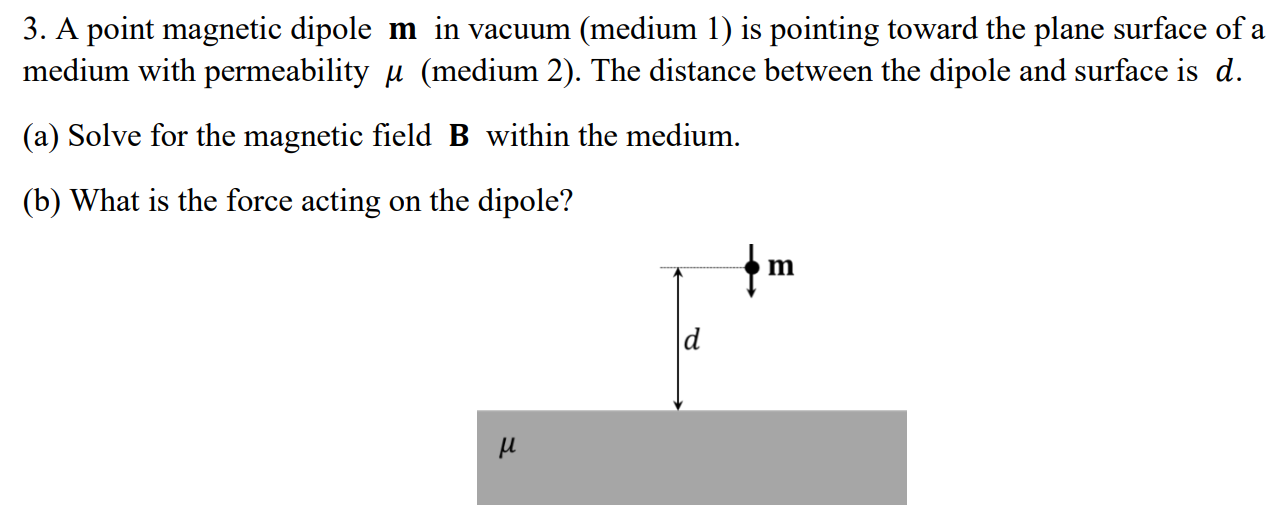 A point magnetic dipole m in vacuum (medium 1) is pointing toward the plane surface of a medium with permeability μ (medium 2). The distance between the dipole and surface is d. (a) Solve for the magnetic field B within the medium. (b) What is the force acting on the dipole?