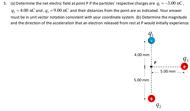 (a) Determine the net electric field at point P if the particles' respective charges are q1 = −3.00 nC, q2 = 4.00 nC and, q3 = 9.00 nC and their distances from the point are as indicated. Your answer must be in unit vector notation consistent with your coordinate system. (b) Determine the magnitude and the direction of the acceleration that an electron released from rest at P would initially experience.