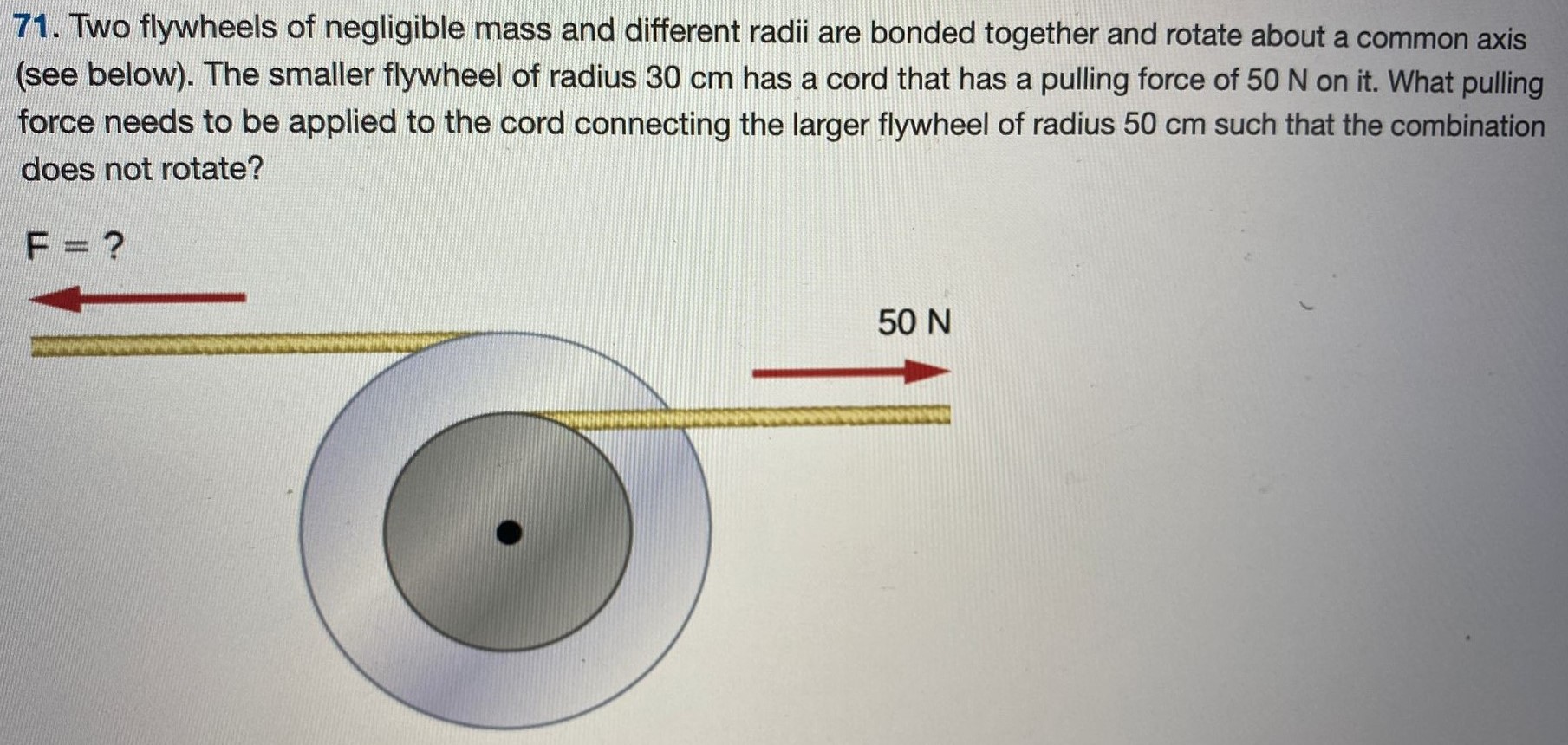 Two flywheels of negligible mass and different radii are bonded together and rotate about a common axis (see below). The smaller flywheel of radius 30 cm has a cord that has a pulling force of 50 N on it. What pulling force needs to be applied to the cord connecting the larger flywheel of radius 50 cm such that the combination does not rotate? F = ? 