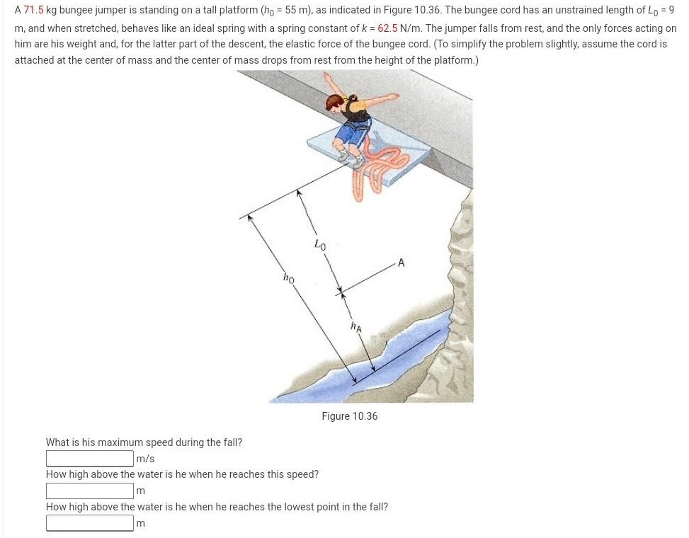 A 71.5 kg bungee jumper is standing on a tall platform (h0 = 55 m), as indicated in Figure 10.36. The bungee cord has an unstrained length of L0 = 9 m, and when stretched, behaves like an ideal spring with a spring constant of k = 62.5 N/m. The jumper falls from rest, and the only forces acting on him are his weight and, for the latter part of the descent, the elastic force of the bungee cord. (To simplify the problem slightly, assume the cord is attached at the center of mass and the center of mass drops from rest from the height of the platform. ) Figure 10.36 What is his maximum speed during the fall? m/s How high above the water is he when he reaches this speed? m How high above the water is he when he reaches the lowest point in the fall? m