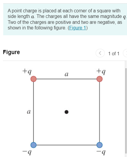 A point charge is placed at each corner of a square with side length a. The charges all have the same magnitude q. Two of the charges are positive and two are negative, as shown in the following figure. (Figure 1) Figure 1 of 1 Part A What is the direction of the net electric field at the center of the square? rightward direction upward direction leftward direction downward direction Part B What is the magnitude of the net electric field at the center of the square due to the four charges in terms of q and a? Express your answer in terms of the variables q, a, and appropriate constants. E=