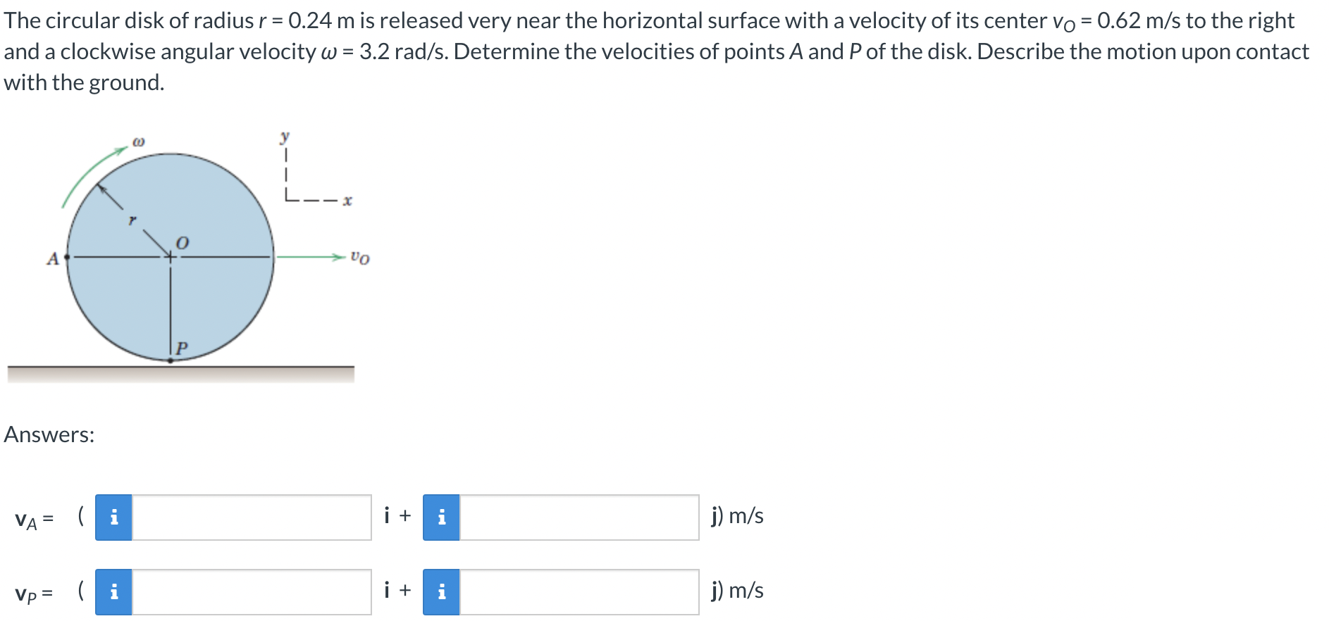 The circular disk of radius r = 0.24 m is released very near the horizontal surface with a velocity of its center vO = 0.62 m/s to the right and a clockwise angular velocity ω = 3.2 rad/s. Determine the velocities of points A and P of the disk. Describe the motion upon contact with the ground. Answers: vA = (i + j) m/s vP = (i + j) m/s