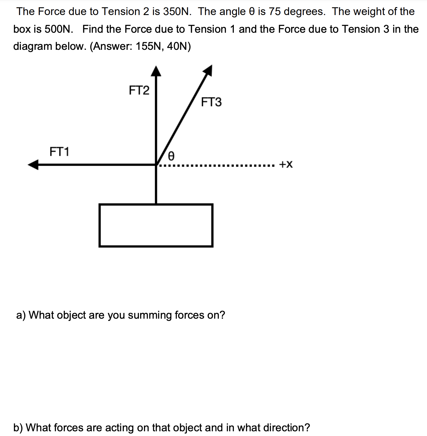 The Force due to Tension 2 is 350 N. The angle θ is 75 degrees. The weight of the box is 500. Find the Force due to Tension 1 and the Force due to Tension 3 in the diagram below. (Answer: 155 N, 40 N) a) What object are you summing forces on? b) What forces are acting on that object and in what direction?