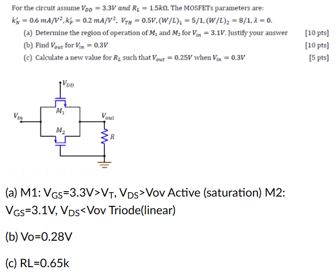 For the circuit assume VDD = 3.3 V and RL = 1.5 kΩ. The MOSFETs parameters are: kN′ = 0.6 mA/V2, kP′ = 0.2 mA/V2, VTH = 0.5 V, (W/L)1 = 5/1, (W/L)2 = 8/1, λ = 0. (a) Determine the region of operation of M1 and M2 for Vin = 3.1 V. Justify your answer [10 pts] (b) Find Vout for Vin = 0.3 V [10 pts] (c) Calculate a new value for RL such that Vout = 0.25 V when Vin = 0.3 V [5 pts] (a) M1:VGS = 3.3 V > VT, VDS > Vov Active (saturation) M 2 : VGS = 3.1 V, VDS < Vov Triode(linear) (b) Vo = 0.28 V (c) RL = 0.65 k