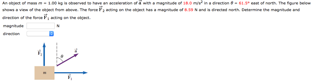 An object of mass m = 1.00 kg is observed to have an acceleration of a→ with a magnitude of 18.0 m/s2 in a direction θ = 61.5∘ east of north. The figure below shows a view of the object from above. The force F→2 acting on the object has a magnitude of 8.59 N and is directed north. Determine the magnitude and direction of the force F→1 acting on the object. magnitude N direction