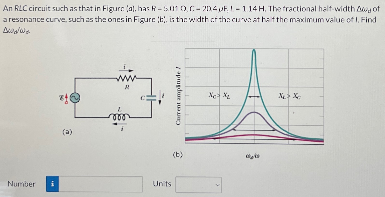 An RLC circuit such as that in Figure (a), has R = 5.01 Ω, C = 20.4 μF, L = 1.14 H. The fractional half-width Δωd of a resonance curve, such as the ones in Figure (b), is the width of the curve at half the maximum value of I. Find Δωd/ωd Number Units