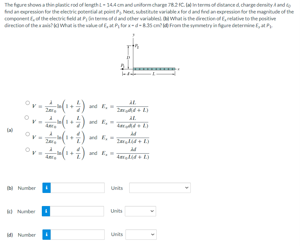 The figure shows a thin plastic rod of length L = 14.4 cm and uniform charge 78.2 fC. (a) In terms of distance d, charge density λ and ε0 find an expression for the electric potential at point P1. Next, substitute variable x for d and find an expression for the magnitude of the component Ex of the electric field at P1 (in terms of d and other variables). (b) What is the direction of Ex relative to the positive direction of the x axis? (c) What is the value of Ex at P1 for x = d = 8.35 cm? (d) From the symmetry in figure determine Ey at P1.