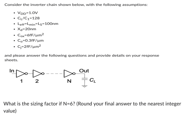 Consider the inverter chain shown below, with the following assumptions: VDD = 1.0 V CL/C1 = 128 Leff = Lmin = LS = 100 nm Xd = 20 nm Cox = 6 fF/μm2 Co = 0.3 fF/μm Cj = 2 fF/μm2 and please answer the following questions and provide details on your response sheets. What is the sizing factor if N = 6? (Round your final answer to the nearest integer value) 