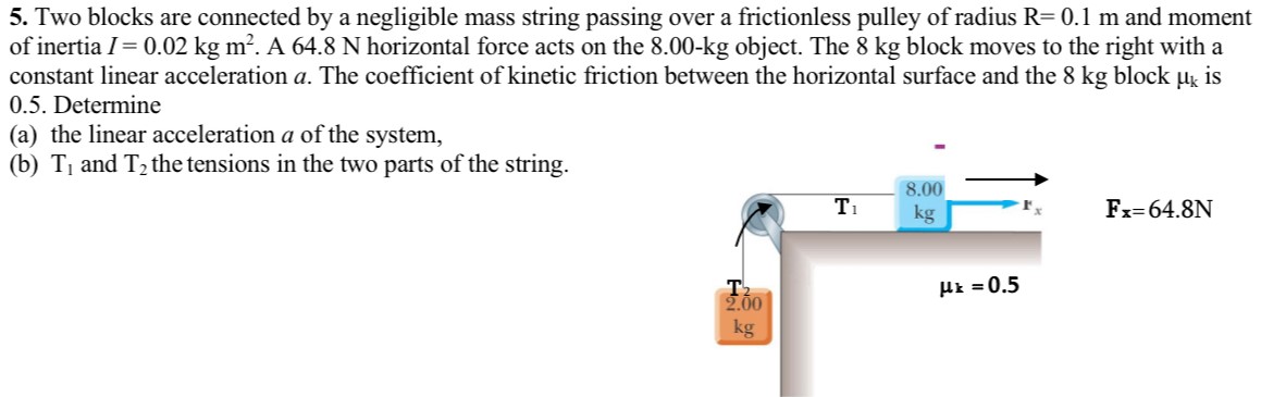 Two blocks are connected by a negligible mass string passing over a frictionless pulley of radius R = 0.1 m and moment of inertia I = 0.02 kgm2. A 64.8 N horizontal force acts on the 8.00−kg object. The 8 kg block moves to the right with a constant linear acceleration a. The coefficient of kinetic friction between the horizontal surface and the 8 kg block μk is 0.5. Determine (a) the linear acceleration a of the system, (b) T1 and T2 the tensions in the two parts of the string.