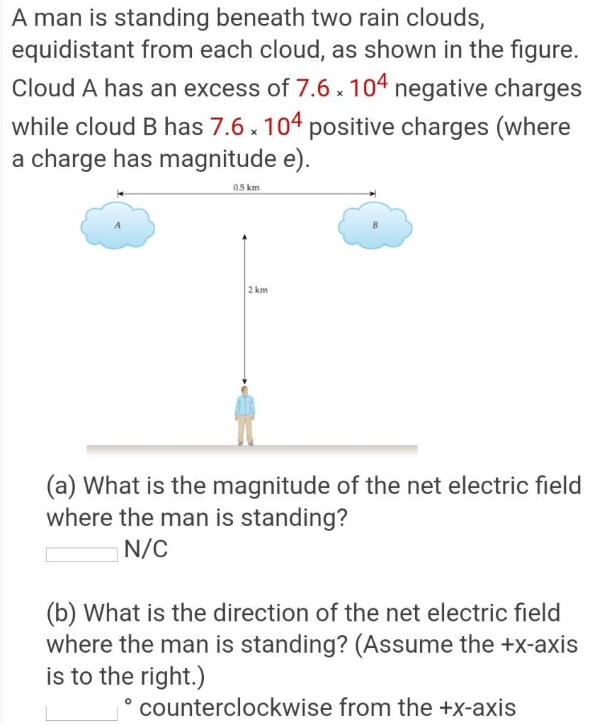 A man is standing beneath two rain clouds, equidistant from each cloud, as shown in the figure. Cloud A has an excess of 7.6×104 negative charges while cloud B has 7.6×104 positive charges (where a charge has magnitude e). (a) What is the magnitude of the net electric field where the man is standing? N/C (b) What is the direction of the net electric field where the man is standing? (Assume the +x-axis is to the right.) ∘ counterclockwise from the +x-axis