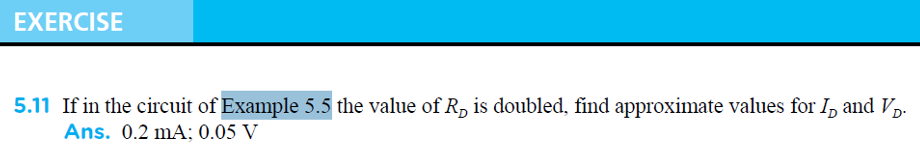 EXERCISE 5.11 If in the circuit of Example 5.5 the value of RD is doubled, find approximate values for ID and VD. Ans. 0.2 mA; 0.05 V Design the circuit in Fig. 5.23 to establish a drain voltage of 0.1 V. What is the effective resistance between drain and source at this operating point? Let Vtn = 1 V and kn’(W/L) = 1 mA/V2. Figure 5.23 Circuit for Example 5.5.