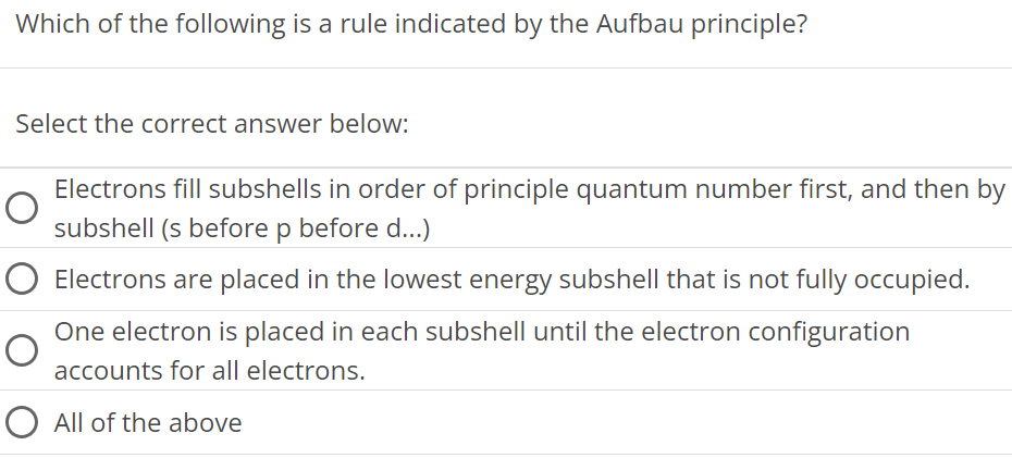 Which of the following is a rule indicated by the Aufbau principle? Select the correct answer below: Electrons fill subshells in order of principle quantum number first, and then by subshell (s before p before d . .) Electrons are placed in the lowest energy subshell that is not fully occupied. One electron is placed in each subshell until the electron configuration accounts for all electrons. All of the above 