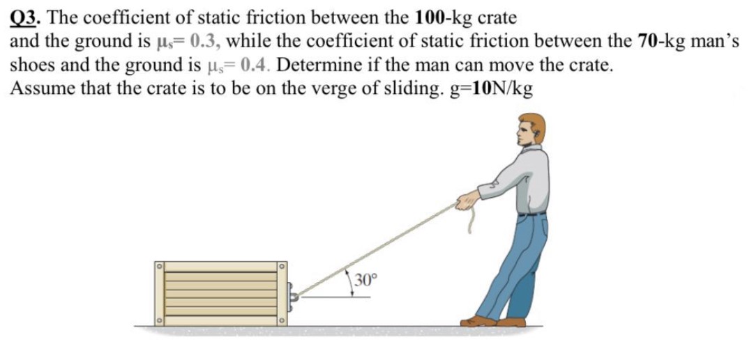 Q3. The coefficient of static friction between the 100−kg crate and the ground is μs = 0.3, while the coefficient of static friction between the 70−kg man's shoes and the ground is μs = 0.4. Determine if the man can move the crate. Assume that the crate is to be on the verge of sliding. g = 10 N/kg