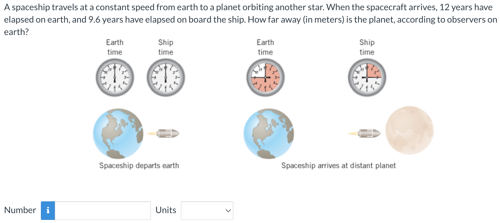 A spaceship travels at a constant speed from earth to a planet orbiting another star. When the spacecraft arrives, 12 years have elapsed on earth, and 9.6 years have elapsed on board the ship. How far away (in meters) is the planet, according to observers on earth? Spaceship departs earth Spaceship arrives at distant planet Number Units