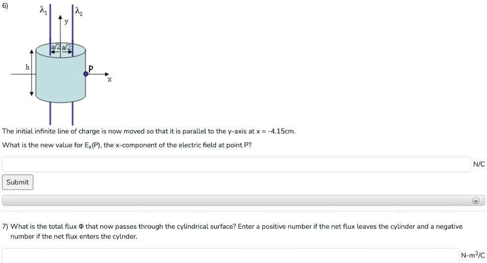  The initial infinite line of charge is now moved so that it is parallel to the y-axis at x = −4.15 cm. What is the new value for Ex(P), the x-component of the electric field at point P ? Submit 7) What is the total flux Φ that now passes through the cylindrical surface? Enter a positive number if the net flux leaves the cylinder and a negative number if the net flux enters the cylnder. 