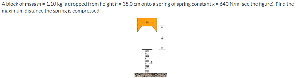 A block of mass m = 1.10 kg is dropped from height h = 38.0 cm onto a spring of spring constant k = 640 N/m (see the figure). Find the maximum distance the spring is compressed.