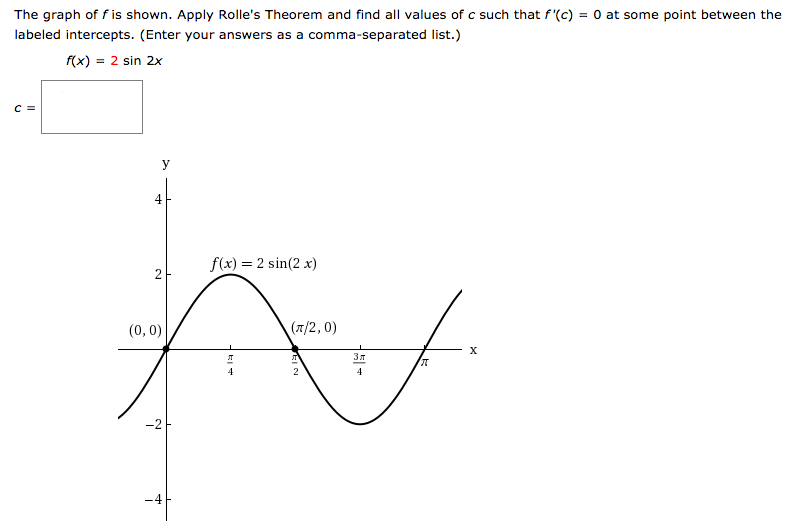 The graph of f is shown. Apply Rolle's Theorem and find all values of c such that f′(c) = 0 at some point between the labeled intercepts. (Enter your answers as a comma-separated list.) f(x) = 2sin⁡2x c =