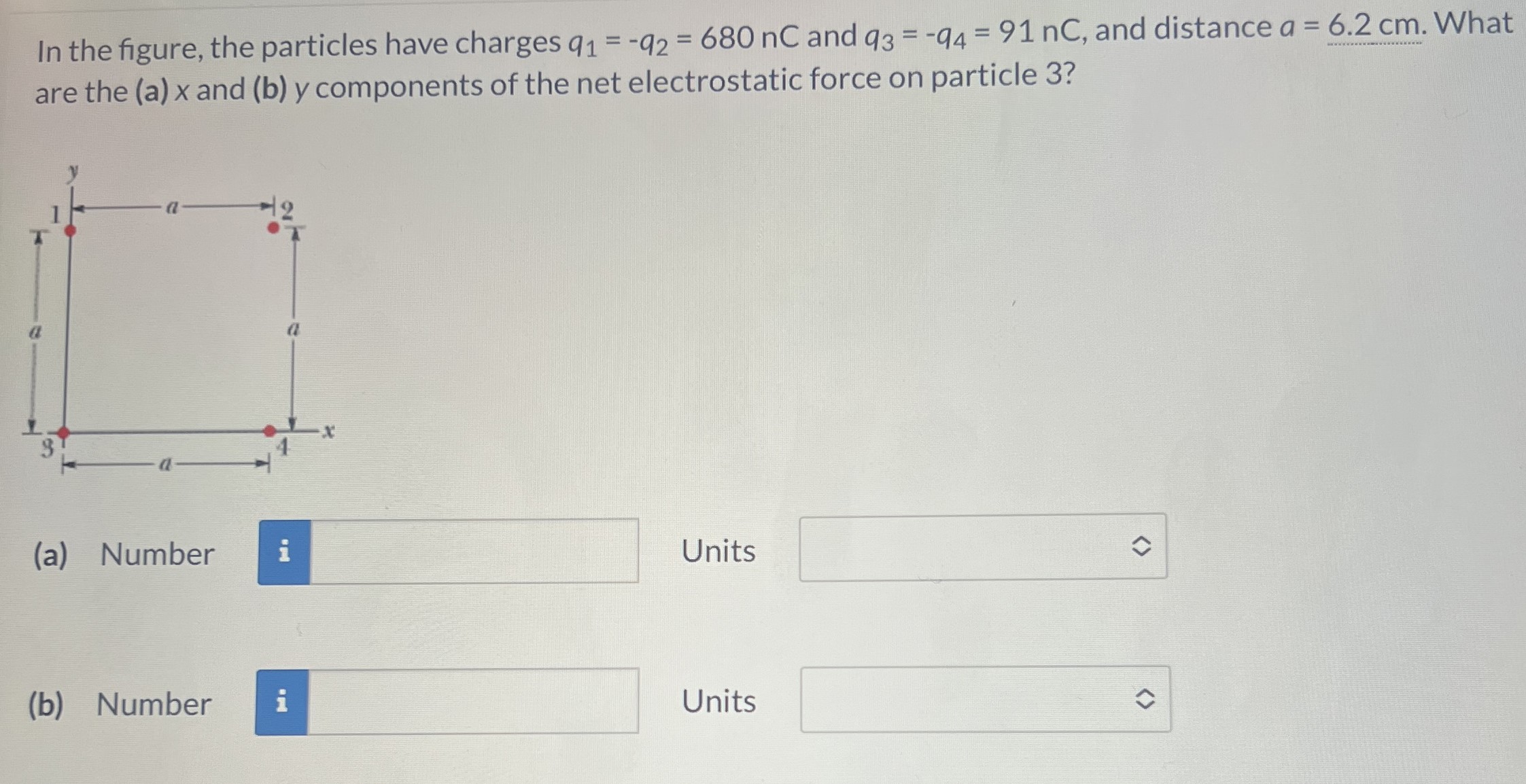 In the figure, the particles have charges q1 = −q2 = 680 nC and q3 = −q4 = 91 nC, and distance a = 6.2 cm. What are the (a) x and (b) y components of the net electrostatic force on particle 3? (a) Number Units (b) Number Units