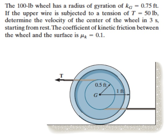 The 100−lb wheel has a radius of gyration of kG = 0.75 ft. If the upper wire is subjected to a tension of T = 50 lb, determine the velocity of the center of the wheel in 3 s, starting from rest. The coefficient of kinetic friction between the wheel and the surface is μk = 0.1.