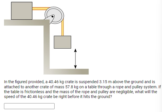 In the figured provided, a 40.46 kg crate is suspended 3.15 m above the ground and is attached to another crate of mass 57.8 kg on a table through a rope and pulley system. If the table is frictionless and the mass of the rope and pulley are negligible, what will the speed of the 40.46 kg crate be right before it hits the ground?