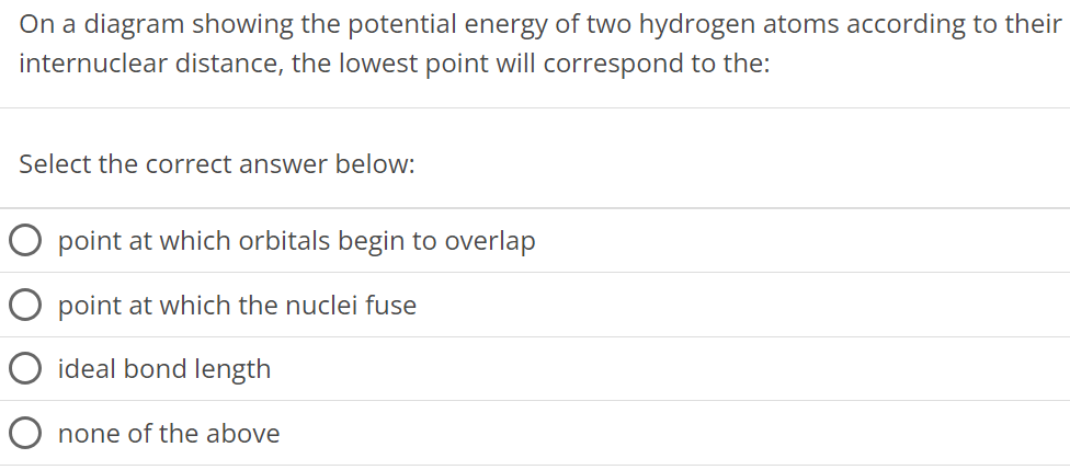 On a diagram showing the potential energy of two hydrogen atoms according to their internuclear distance, the lowest point will correspond to the: Select the correct answer below: point at which orbitals begin to overlap point at which the nuclei fuse ideal bond length none of the above 