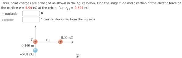 Three point charges are arranged as shown in the figure below. Find the magnitude and direction of the electric force on the particle q = 4.90 nC at the origin. (Let r12 = 0.325 m.) magnitude N direction ∘ counterclockwise from the +x axis