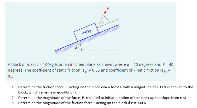 A block of mass m = 100 kg is on an inclined plane as shown where ∅ = 20 degrees and θ = 40 degrees. The coefficient of static friction is μs = 0.35 and coefficient of kinetic friction is μk = 0.3 . Determine the friction force, F, acting on the block when force P with a magnitude of 200 N is applied to the block, which remains in equilibrium. Determine the magnitude of the force, P, required to initiate motion of the block up the slope from rest. Determine the magnitude of the friction force F acting on the block if P = 900 N.