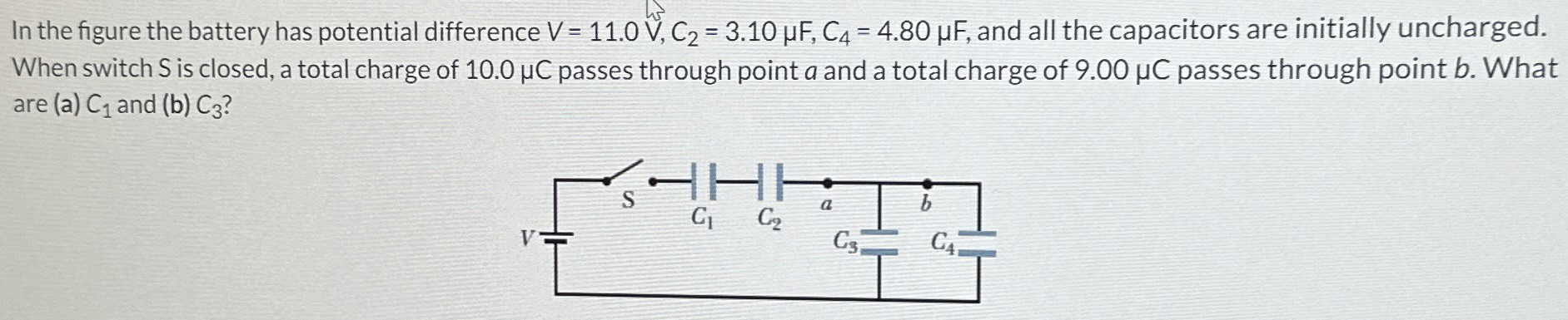 In the figure the battery has potential difference V = 11.0 V, C2 = 3.10 μF, C4 = 4.80 μF, and all the capacitors are initially uncharged. When switch S is closed, a total charge of 10.0 μC passes through point a and a total charge of 9.00 μC passes through point b. What are (a) C1 and (b)C3?