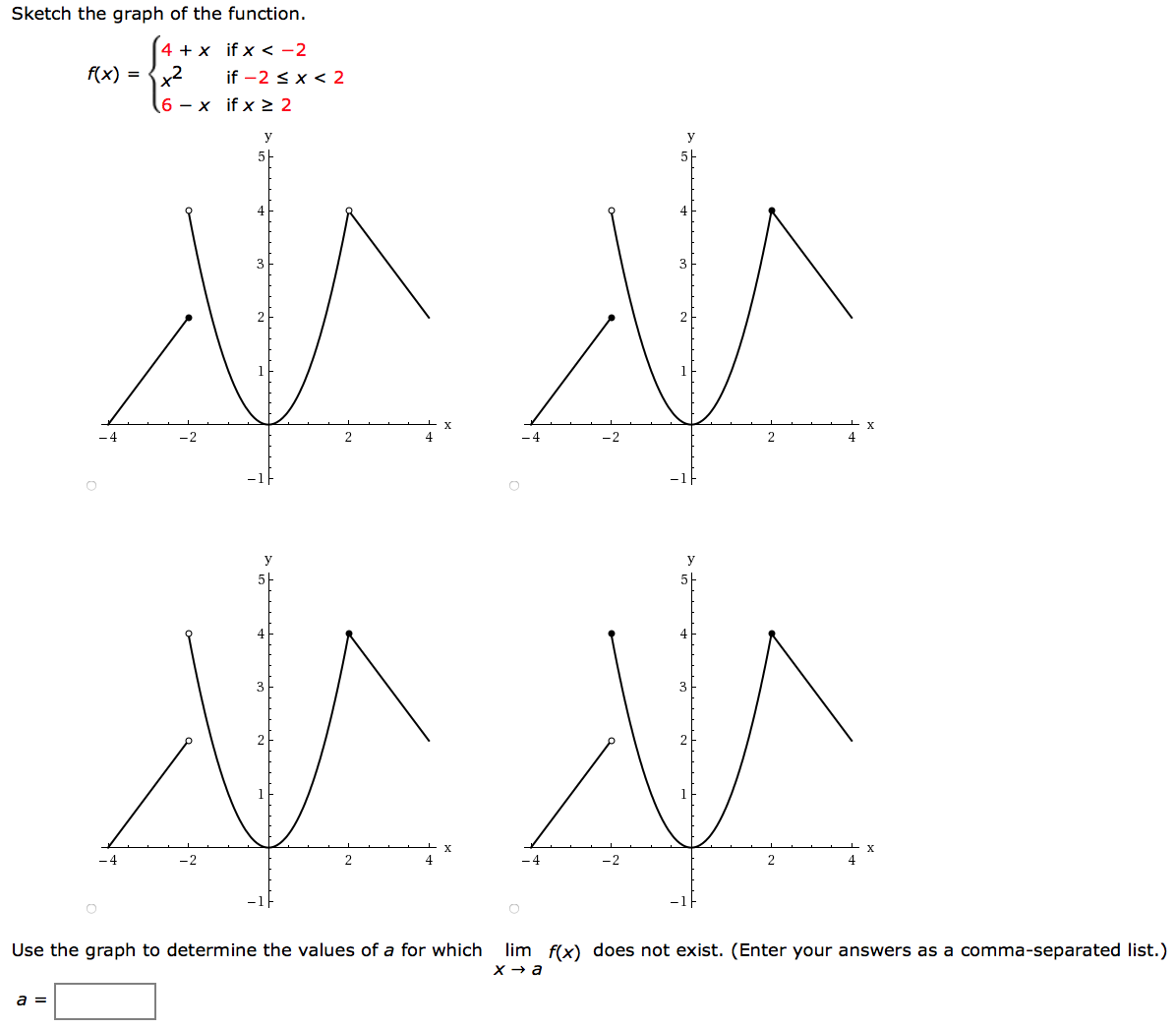 Sketch the graph of the function. f(x) = {4+x if x < −2 x2 if −2 ≤ x < 2 6−x if x ≥ 2 Use the graph to determine the values of a for which limx→a f(x) does not exist. (Enter your answers as a comma-separated list.)