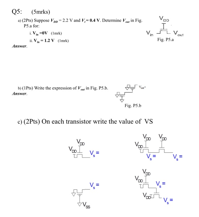 Q5: (5 mrks) a) (2 Pts) Suppose VDD = 2.2 V and Vt = 0.4 V. Determine Vout in Fig. P5. a for: i. Vin = 0(1 mrk) ii. Vin = 1.2 V(1 mrk) Fig. P5. a Answer. b) (1 Pts) Write the expression of Vout in Fig. P5. b. Answer. Fig. P5. b c) (2 Pts) On each transistor write the value of VS 