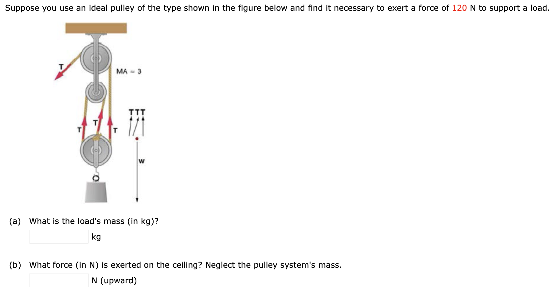 Suppose you use an ideal pulley of the type shown in the figure below and find it necessary to exert a force of 120 N to support a load. (a) What is the load's mass (in kg)? kg (b) What force (in N ) is exerted on the ceiling? Neglect the pulley system's mass. N (upward)