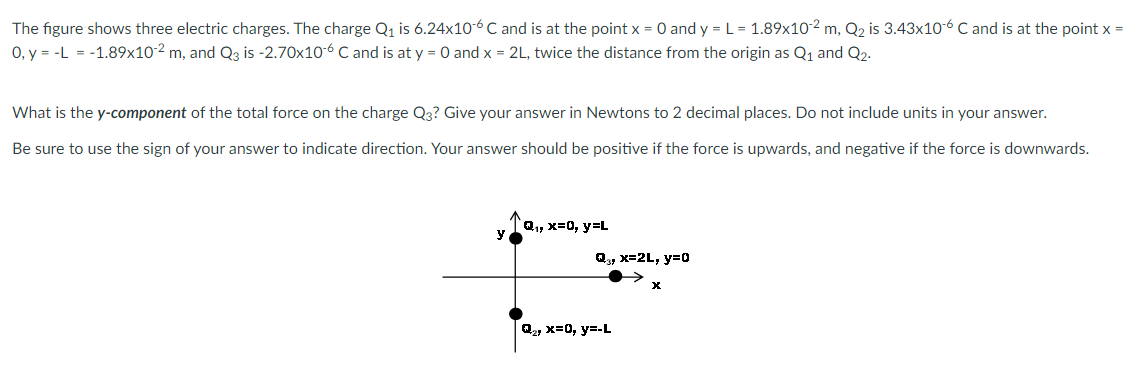 The figure shows three electric charges. The charge Q1 is 6.24×10−6 C and is at the point x = 0 and y = L = 1.89×10−2 m, Q2 is 3.43×10−6 C and is at the point x = 0, y = −L = −1.89×10−2 m, and Q3 is −2.70×10−6 C and is at y = 0 and x = 2 L, twice the distance from the origin as Q1 and Q2. What is the y-component of the total force on the charge Q3? Give your answer in Newtons to 2 decimal places. Do not include units in your answer. Be sure to use the sign of your answer to indicate direction. Your answer should be positive if the force is upwards, and negative if the force is downwards.