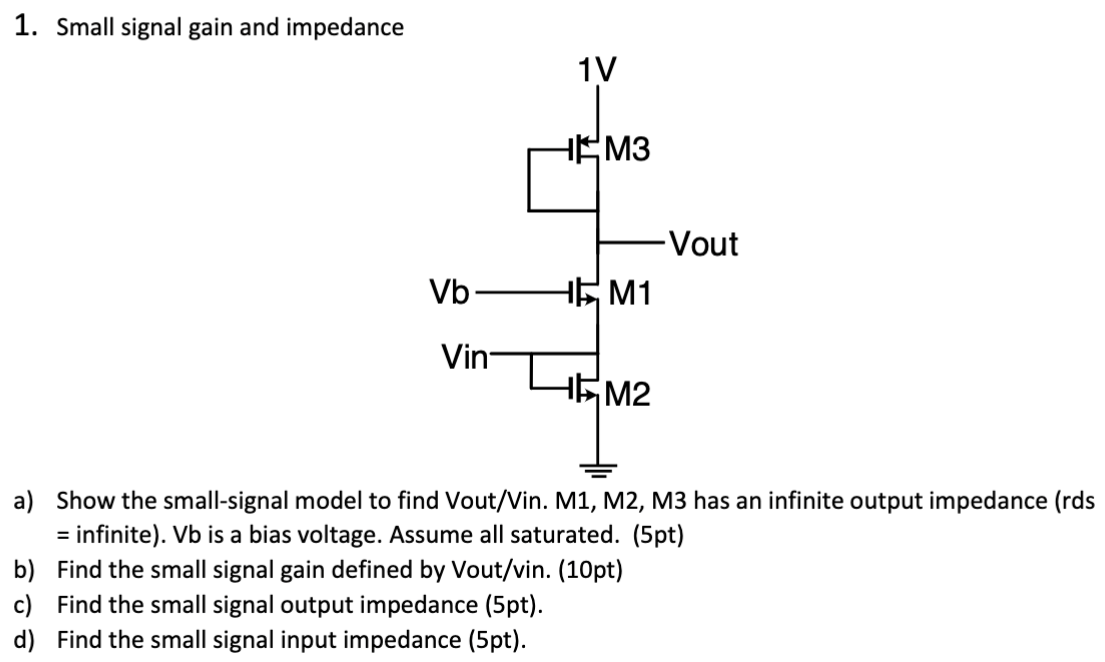 Small signal gain and impedance a) Show the small-signal model to find Vout/Vin. M1, M2, M3 has an infinite output impedance (rds = infinite). Vb is a bias voltage. Assume all saturated. (5pt) b) Find the small signal gain defined by Vout/vin. (10pt) c) Find the small signal output impedance (5pt). d) Find the small signal input impedance (5pt).