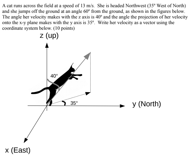 A cat runs across the field at a speed of 13 m/s. She is headed Northwest (35∘ West of North) and she jumps off the ground at an angle 60∘ from the ground, as shown in the figures below. The angle her velocity makes with the z axis is 40∘ and the angle the projection of her velocity onto the x-y plane makes with the y axis is 35∘. Write her velocity as a vector using the coordinate system below. ( 10 points)