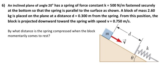 An inclined plane of angle 20∘ has a spring of force constant k = 500 N/m fastened securely at the bottom so that the spring is parallel to the surface as shown. A block of mass 2.60 kg is placed on the plane at a distance d = 0.300 m from the spring. From this position, the block is projected downward toward the spring with speed v = 0.750 m/s. By what distance is the spring compressed when the block momentarily comes to rest?