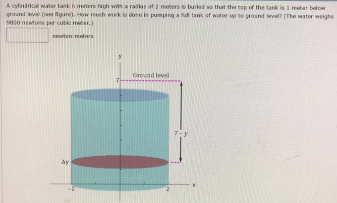 A cylindrical water tank 6 meters high with a radius of 2 meters is buried so that the top of the tank is 1 meter below ground level (see figure). How much work is done in pumping a full tank of water up to ground level? (The water weighs 9800 newtons per cubic meter.) newton-meters 