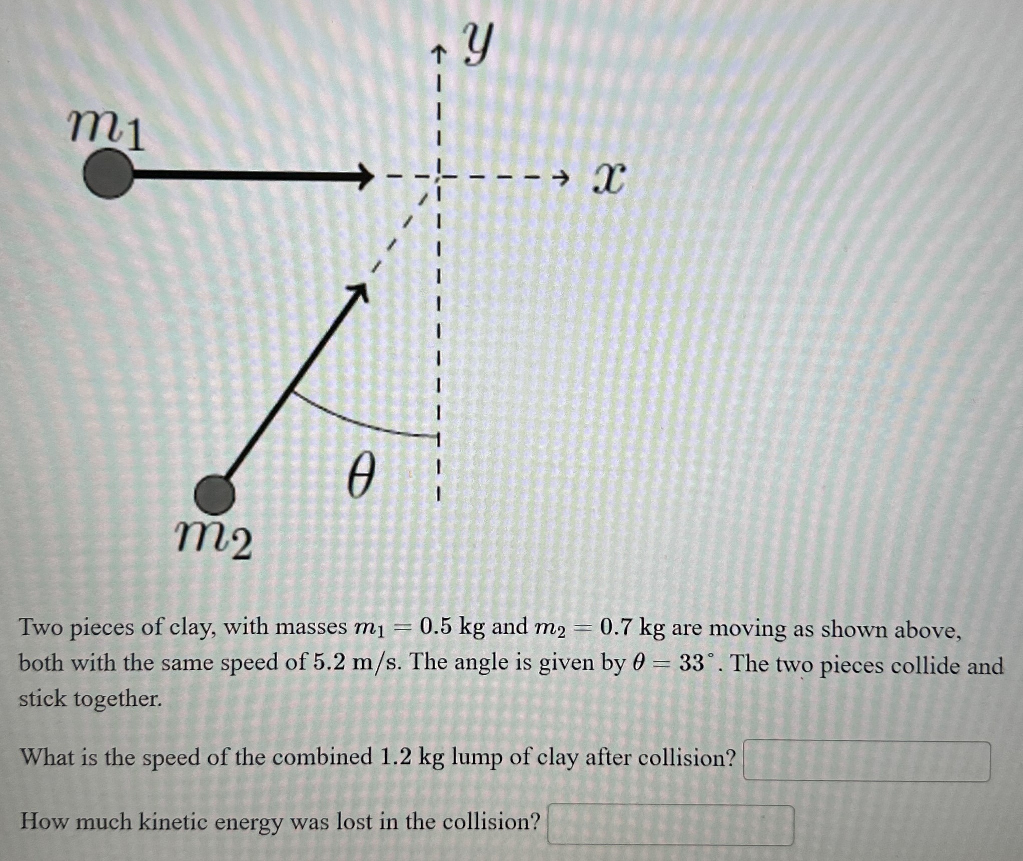 Two pieces of clay, with masses m1 = 0.5 kg and m2 = 0.7 kg are moving as shown above, both with the same speed of 5.2 m/s. The angle is given by θ = 33∘. The two pieces collide and stick together. What is the speed of the combined 1.2 kg lump of clay after collision? How much kinetic energy was lost in the collision?