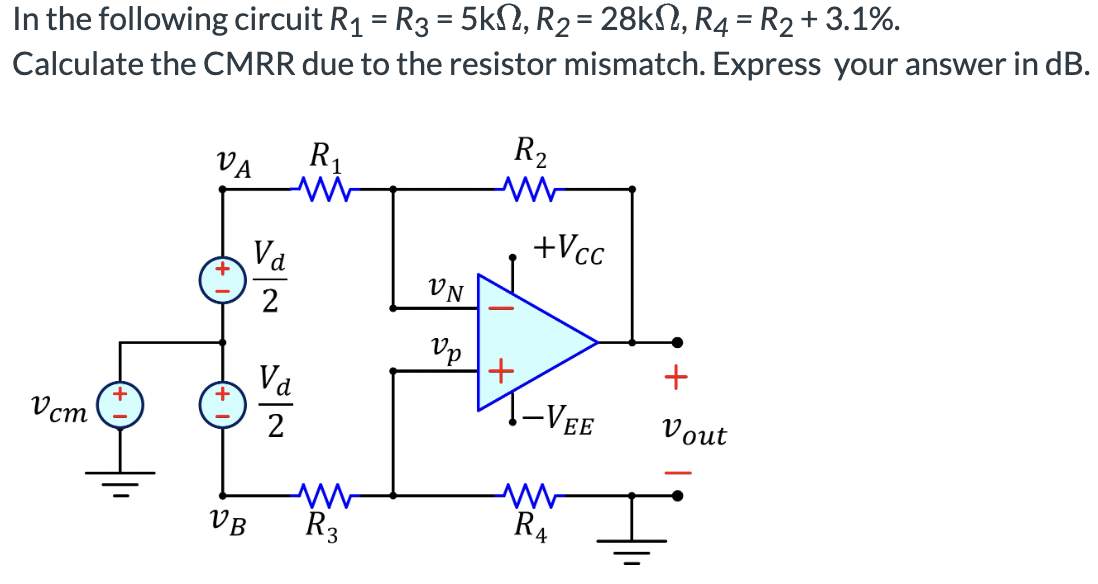 In the following circuit R1 = R3 = 5 kΩ, R2 = 28 kΩ, R4 = R2 + 3.1%. Calculate the CMRR due to the resistor mismatch. Express your answer in dB. 