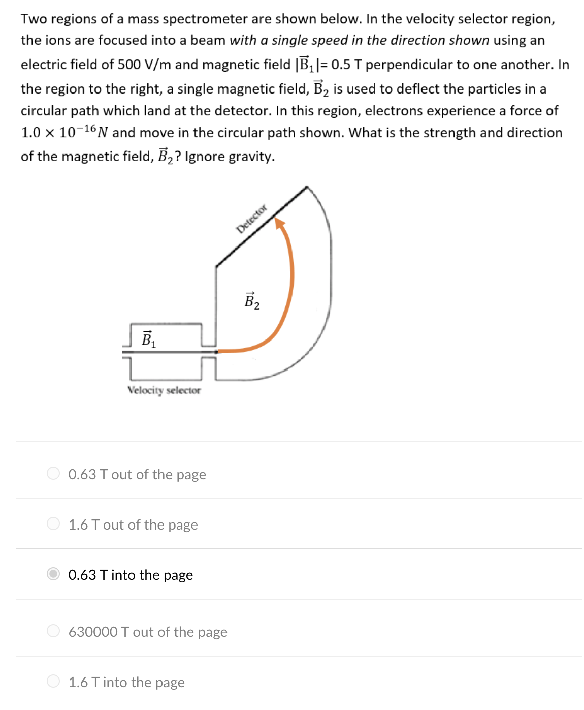 Two regions of a mass spectrometer are shown below. In the velocity selector region, the ions are focused into a beam with a single speed in the direction shown using an electric field of 500 V/m and magnetic field |B→1| = 0.5 T perpendicular to one another. In the region to the right, a single magnetic field, B→2 is used to deflect the particles in a circular path which land at the detector. In this region, electrons experience a force of 1.0×10−16 N and move in the circular path shown. What is the strength and direction of the magnetic field, B→2? Ignore gravity. 0.63 T out of the page 1.6 T out of the page 0.63 T into the page 630000 T out of the page 1.6 T into the page