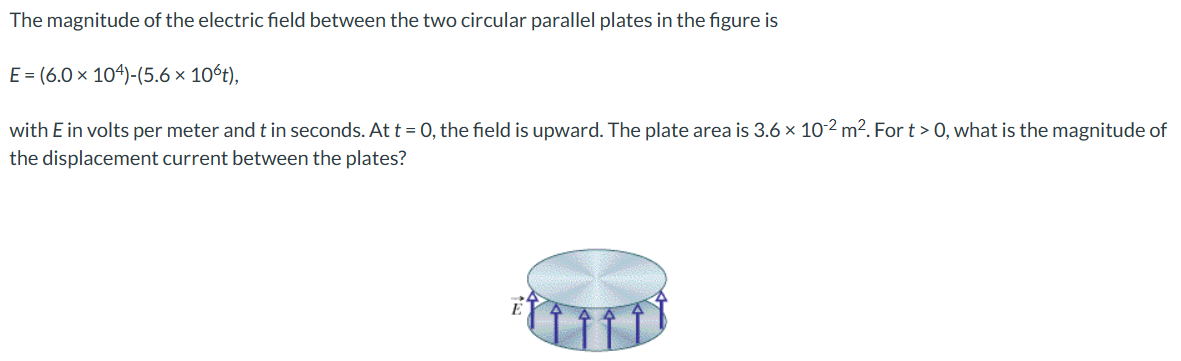 The magnitude of the electric field between the two circular parallel plates in the figure is E = (6.0×104) − (5.6×106 t) with E in volts per meter and t in seconds. At t = 0, the field is upward. The plate area is 3.6×10−2 m2. For t > 0, what is the magnitude of the displacement current between the plates?