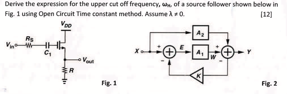 Derive the expression for the upper cut off frequency, ωH, of a source follower shown below in Fig. 1 using Open Circuit Time constant method. Assume λ ≠ 0. [12] Fig. 1 Fig. 2 