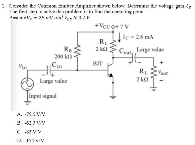 Consider the Common Emitter Amplifier shown below. Determine the voltage gain AV. The first step to solve this problem is to find the operating point. Assume VT = 26 mV and VBE ≈ 0.7 V A. −75.5 V/V B. −62.3 V/V C. −83 V/V D. −154 V/V